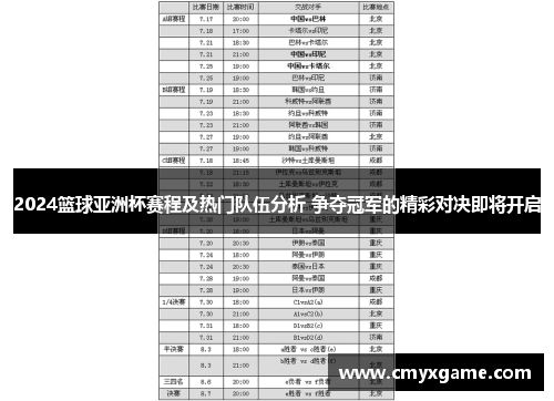 2024篮球亚洲杯赛程及热门队伍分析 争夺冠军的精彩对决即将开启